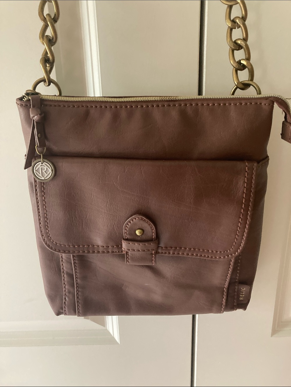 Relic brown vegan leather cross body shoulder purse flap front pocket, zipper